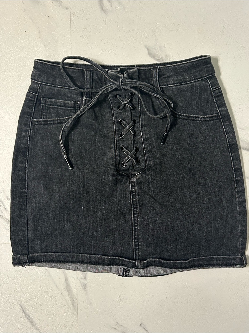 Garage Y2K Lace Up Front Black Denim Mini Skirt Size XS